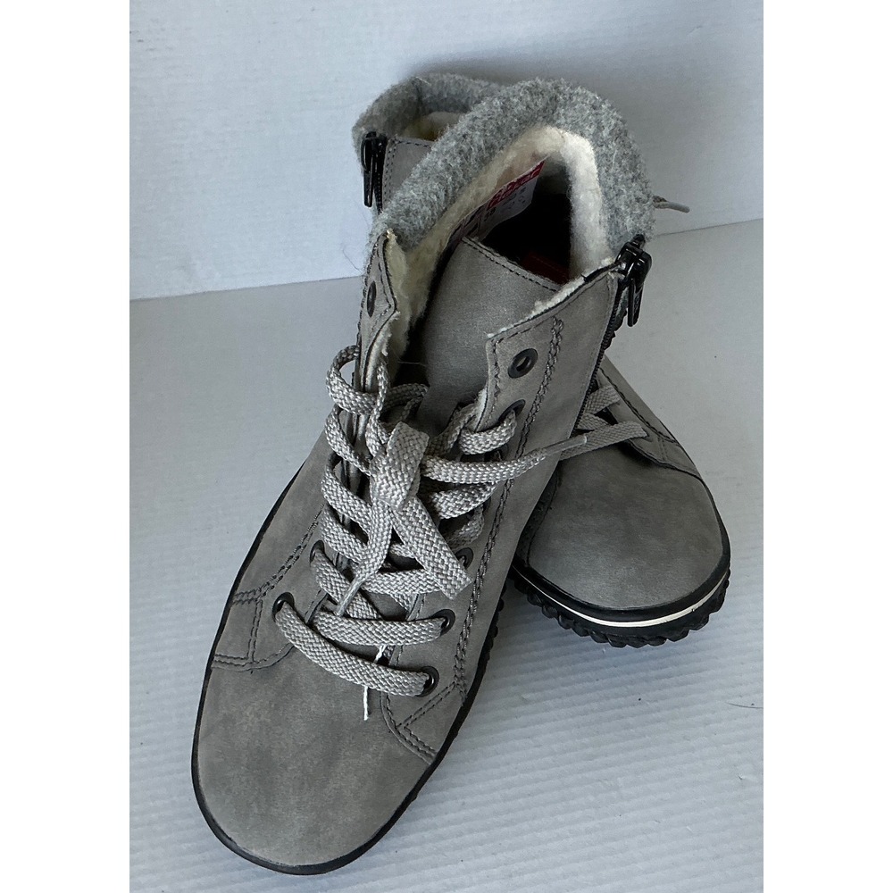 Rieker Boots Grey Faux Fur Lined Lace Up Side Zip Ankle Booties Size 38 Comfort